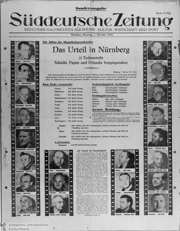 Titelseite einer Sonderausgabe der „Süddeutschen Zeitung” mit einem Bericht über die Urteile im Nürnberger Hauptkriegsverbrecherprozess (1. Oktober 1946)